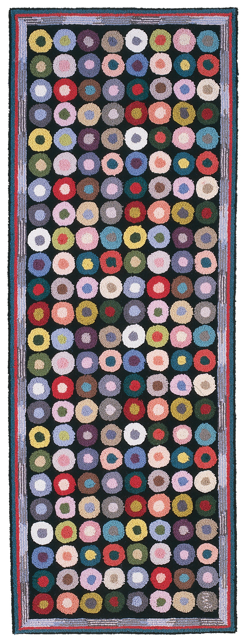 Multicolored button patterned rug with concentric circles