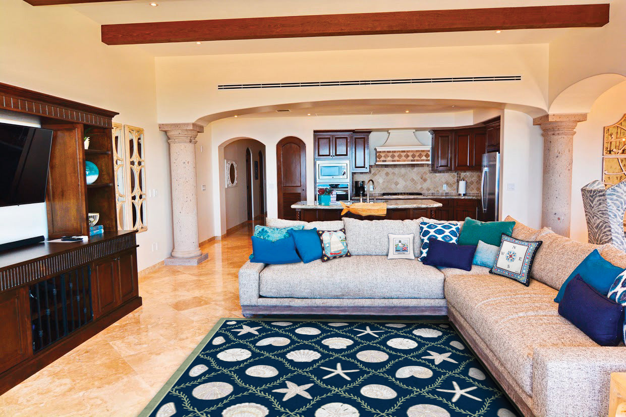 Cape Contemp Shells Grid  7x9 Dark Blue