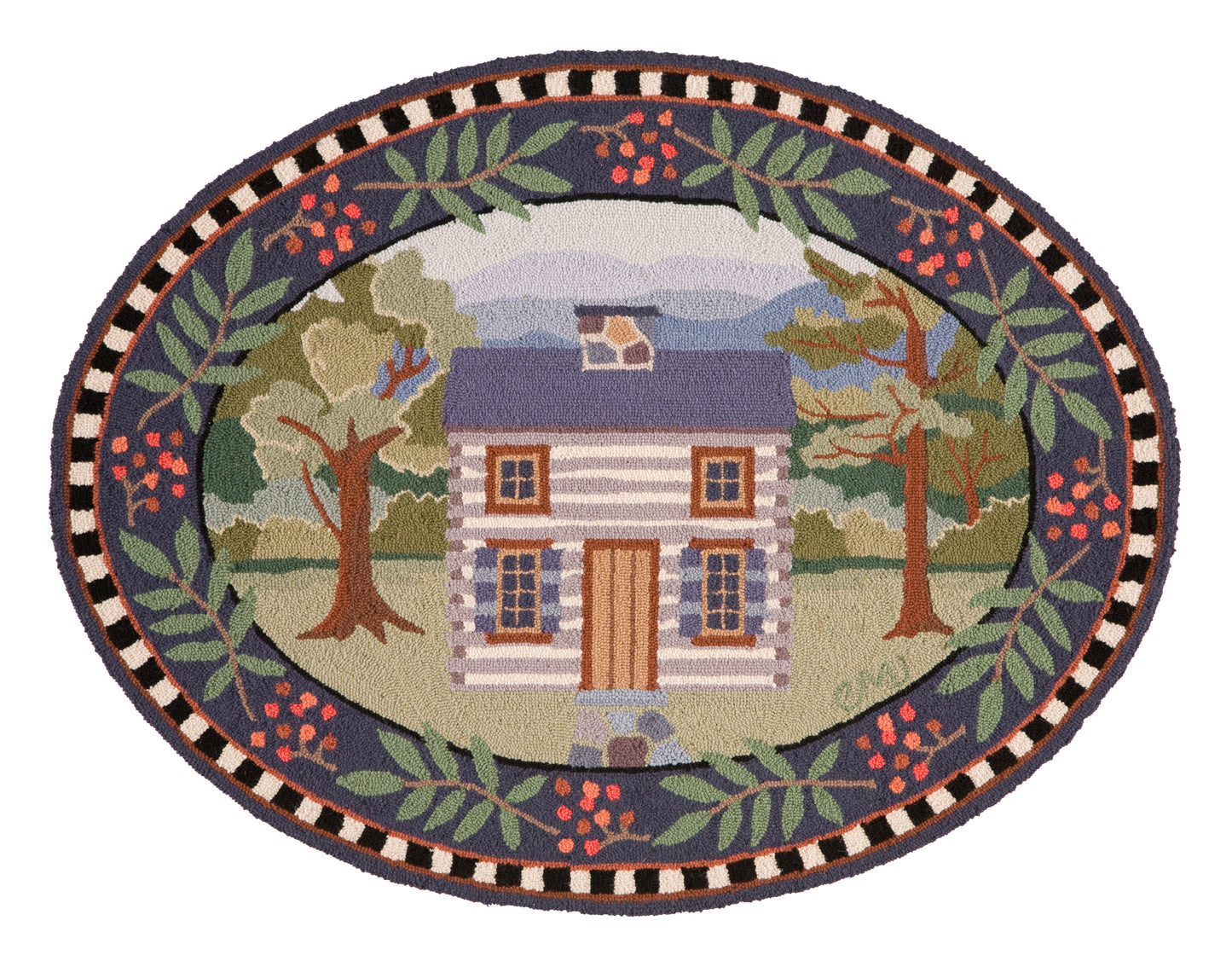 An oval hand-hooked rug featuring a central log cabin scene surrounded by a decorative border of leaves, berries, and geometric patterns.