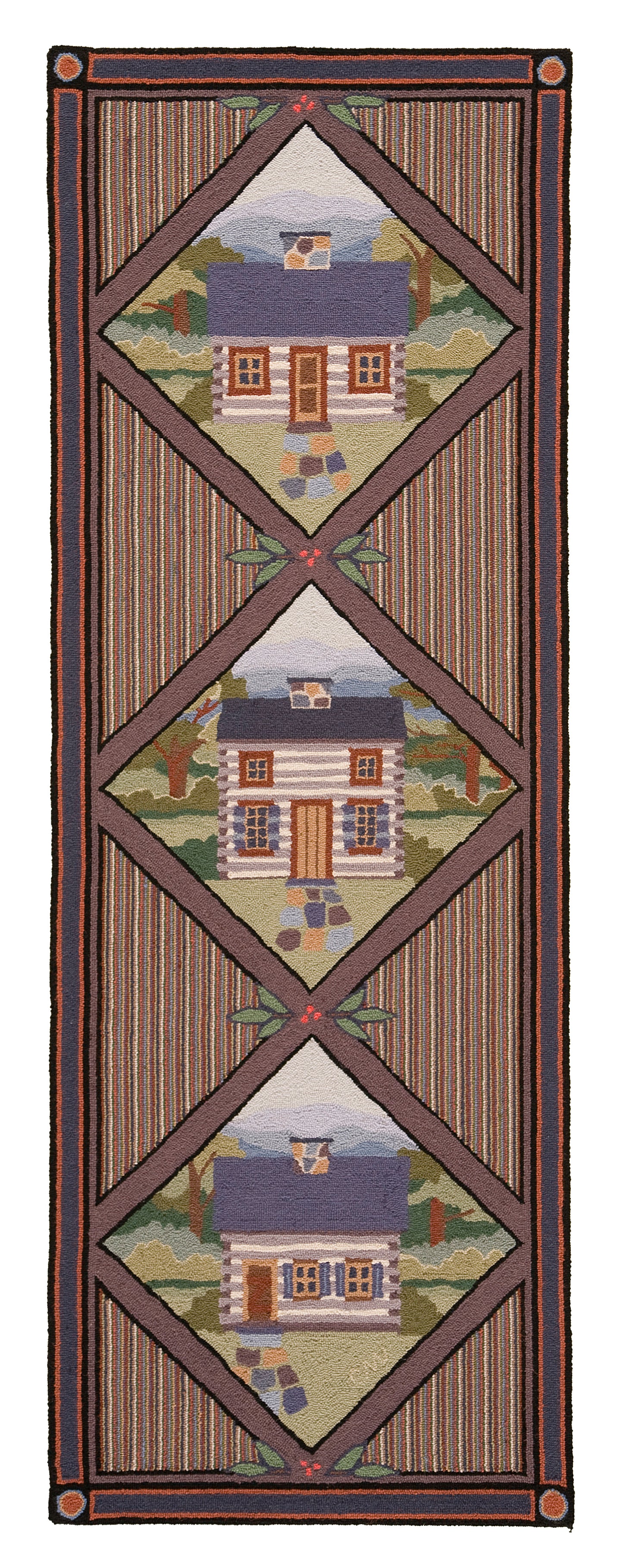 A hand-hooked runner rug featuring three diamond-shaped panels with log cabin motifs, set against a brown and beige striped background with a dark border.