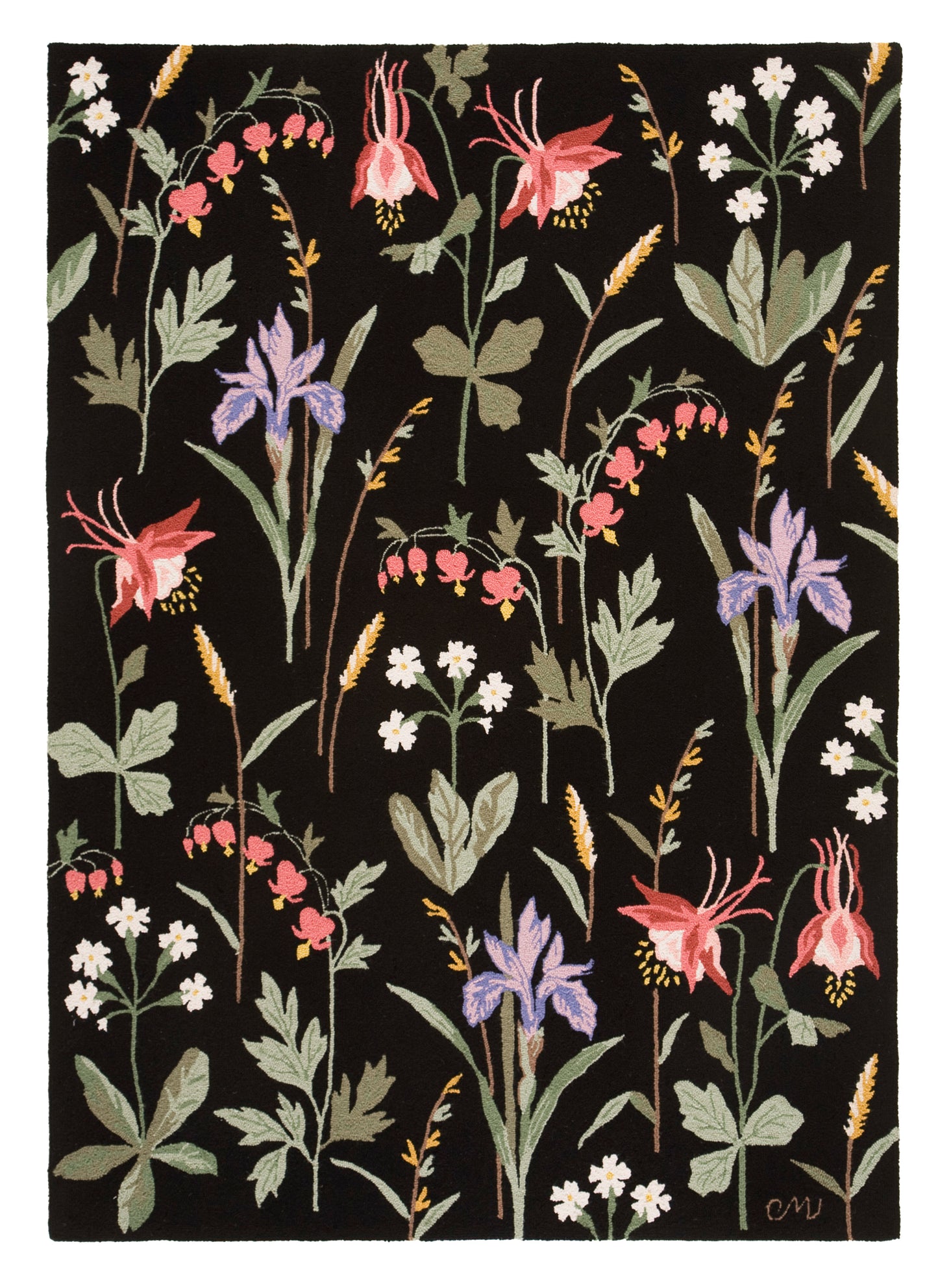 A rectangular area rug featuring a dense, vintage-style botanical pattern of wildflowers on a solid black background. The floral design includes pink columbines, purple irises, white flowers, and green leaves, with a small gold monogram signature in the bottom right corner.