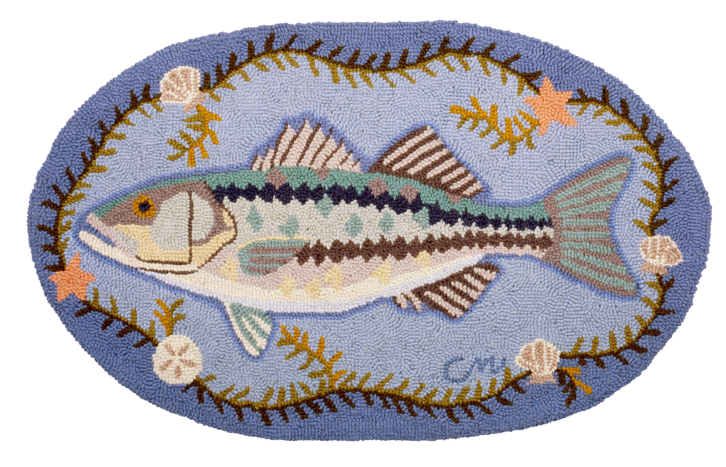 Decorative rug with a fish design on a blue background