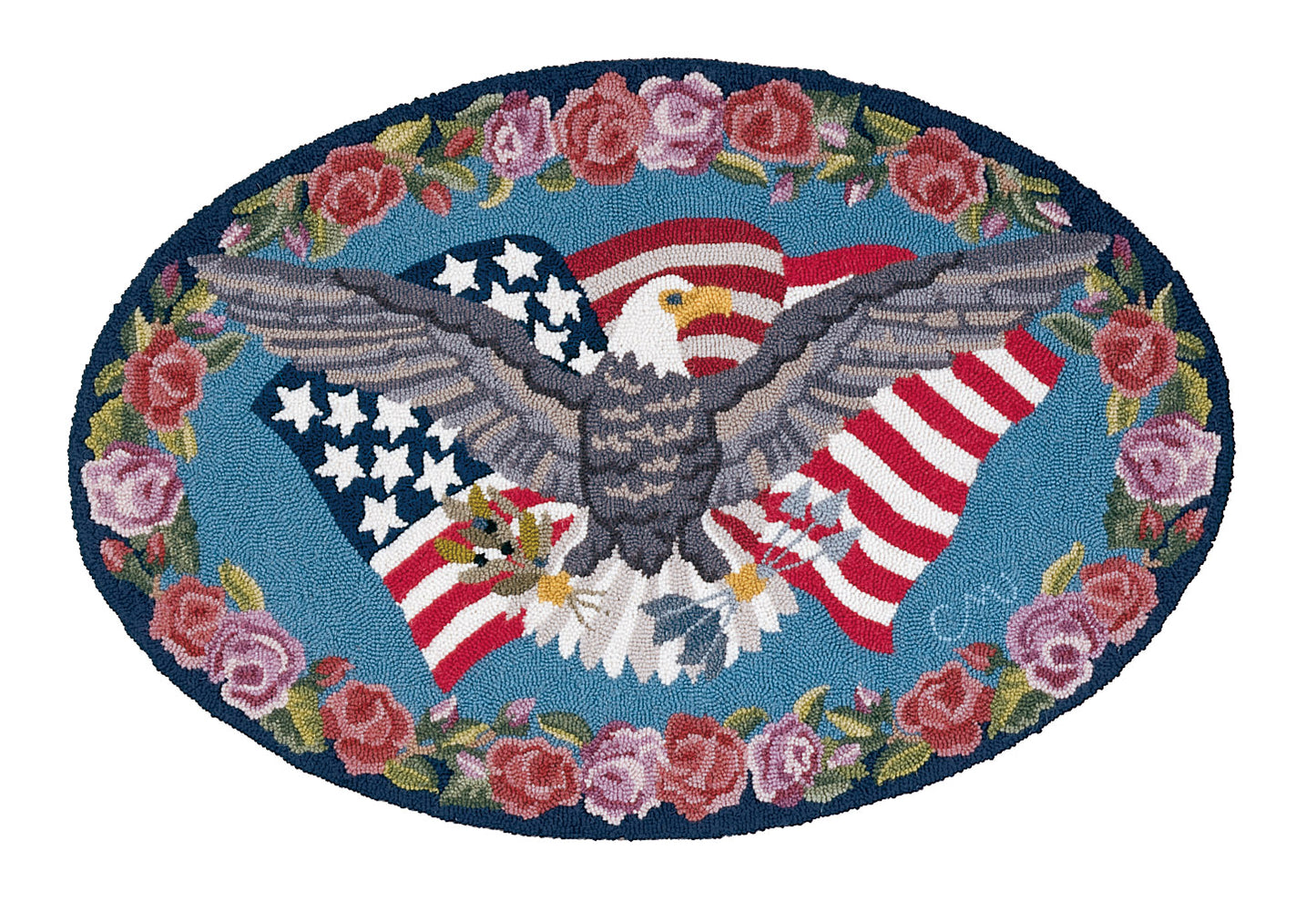 Decorative rug with an eagle and American flag design surrounded by flowers on a blue background