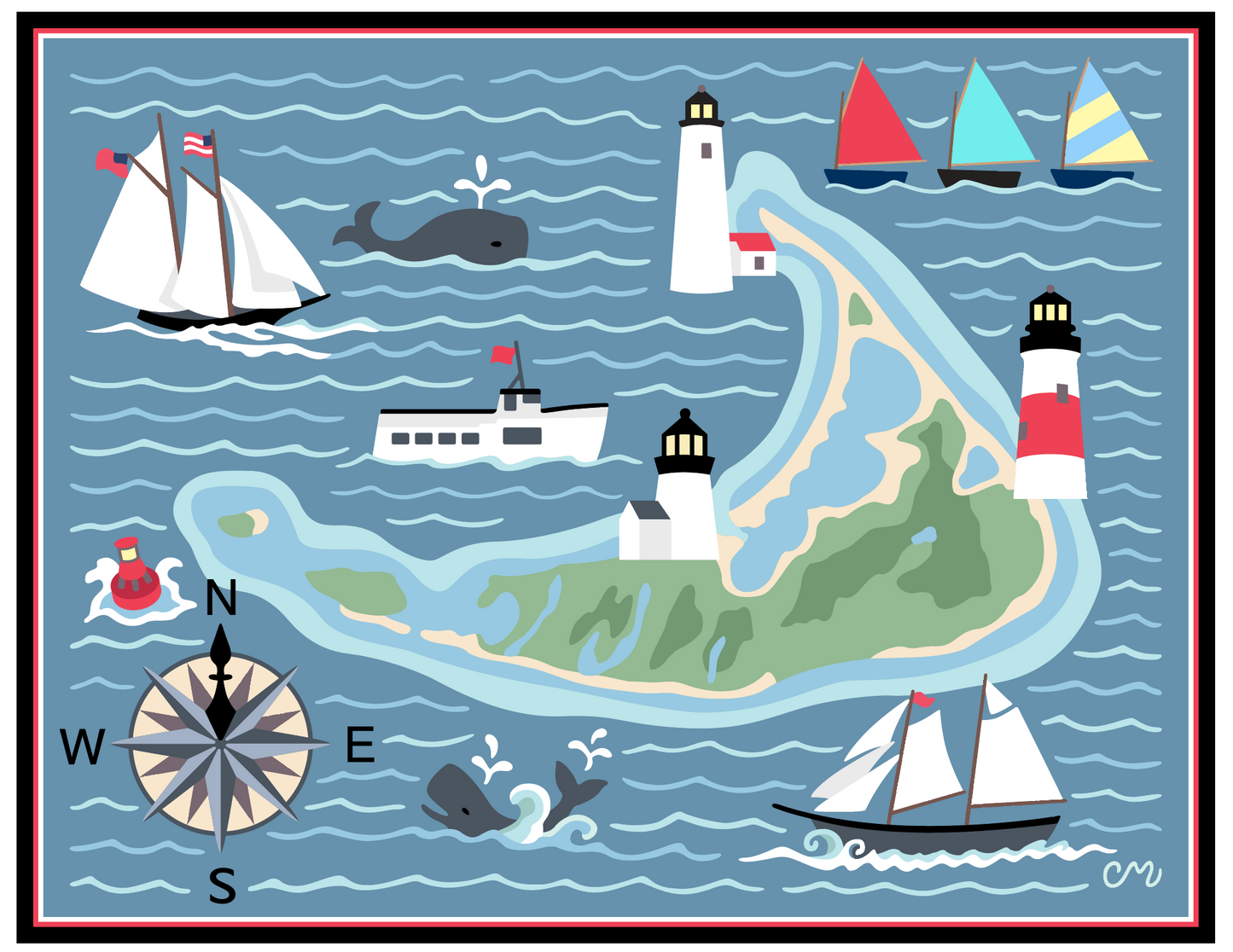 Illustration of a coastal scene with ships, lighthouses, and an island.
