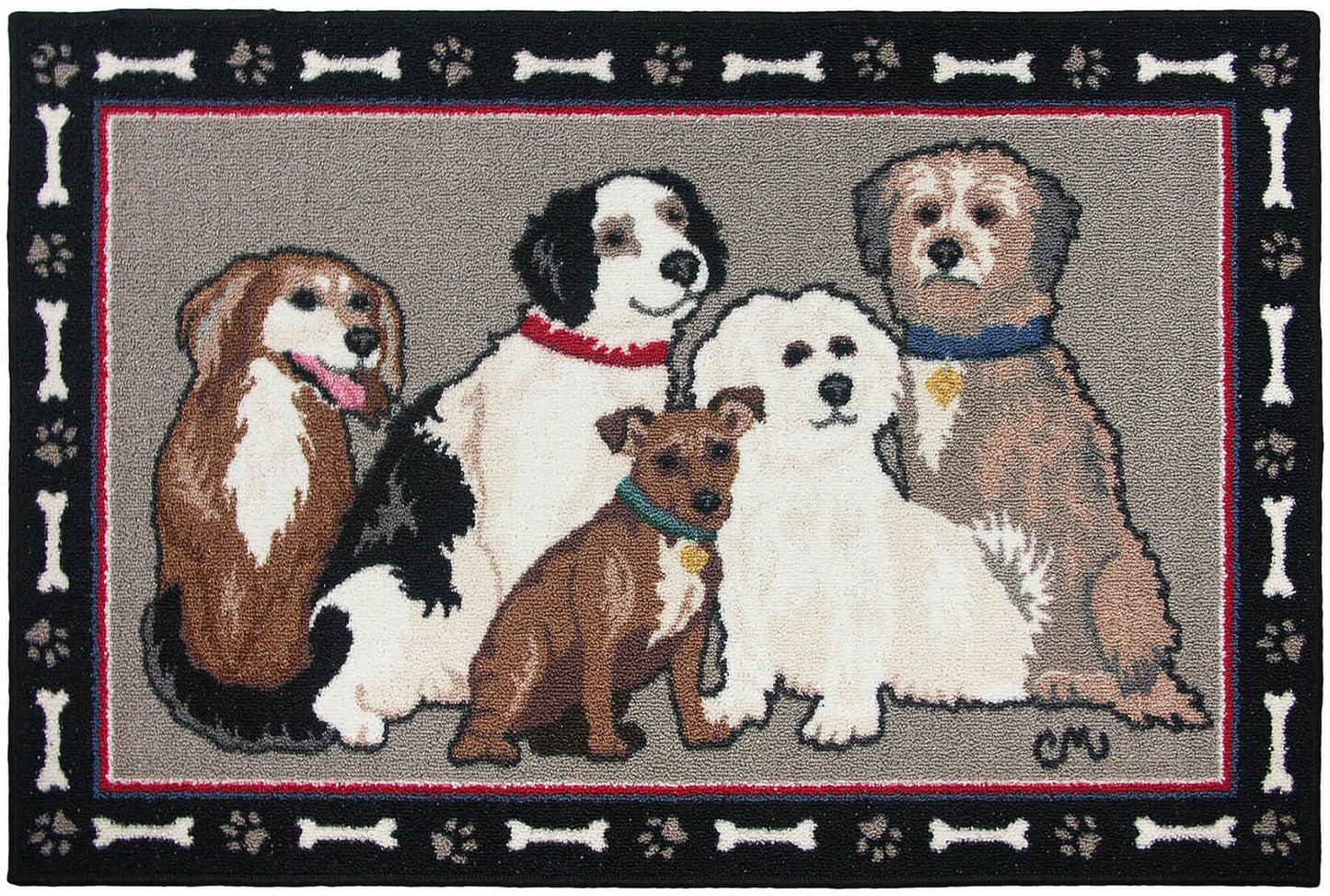 A washable rug featuring a coastal theme with motifs of lighthouses, seashells, marine life, and floral patterns, and depicting a group of five dogs with the same washable rug.