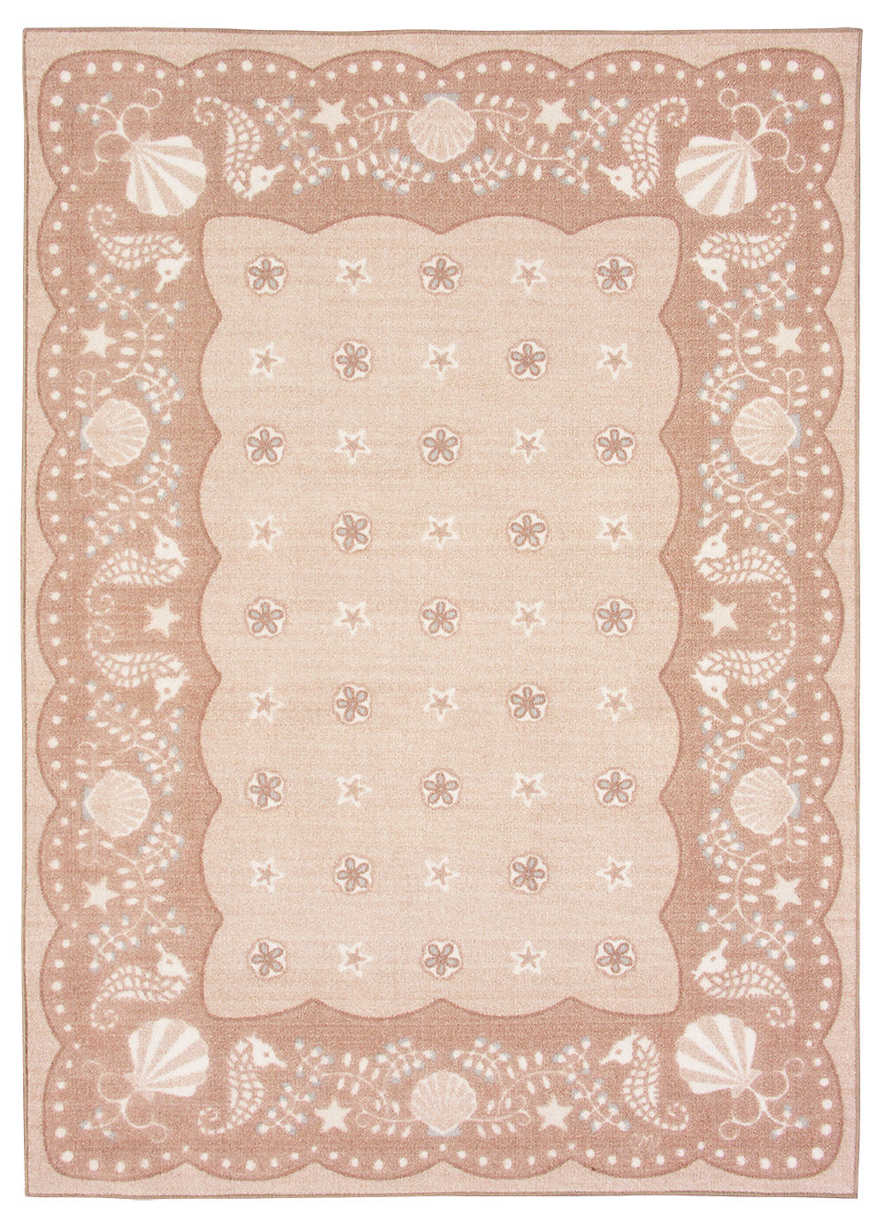 A beige washable rug with coastal themes, featuring patterns of lighthouses, seashells, marine life, and floral designs.