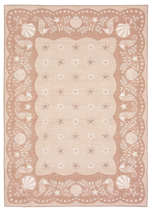 A beige washable rug with coastal themes, featuring patterns of lighthouses, seashells, marine life, and floral designs.
