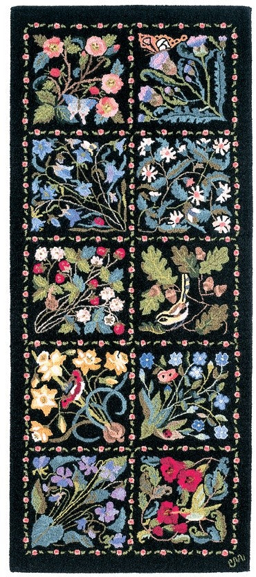 Decorative rug with floral patterns on a black background