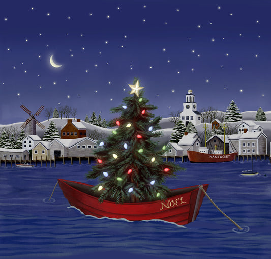 Christmas tree in a red boat on a snowy village scene with a starry night sky.