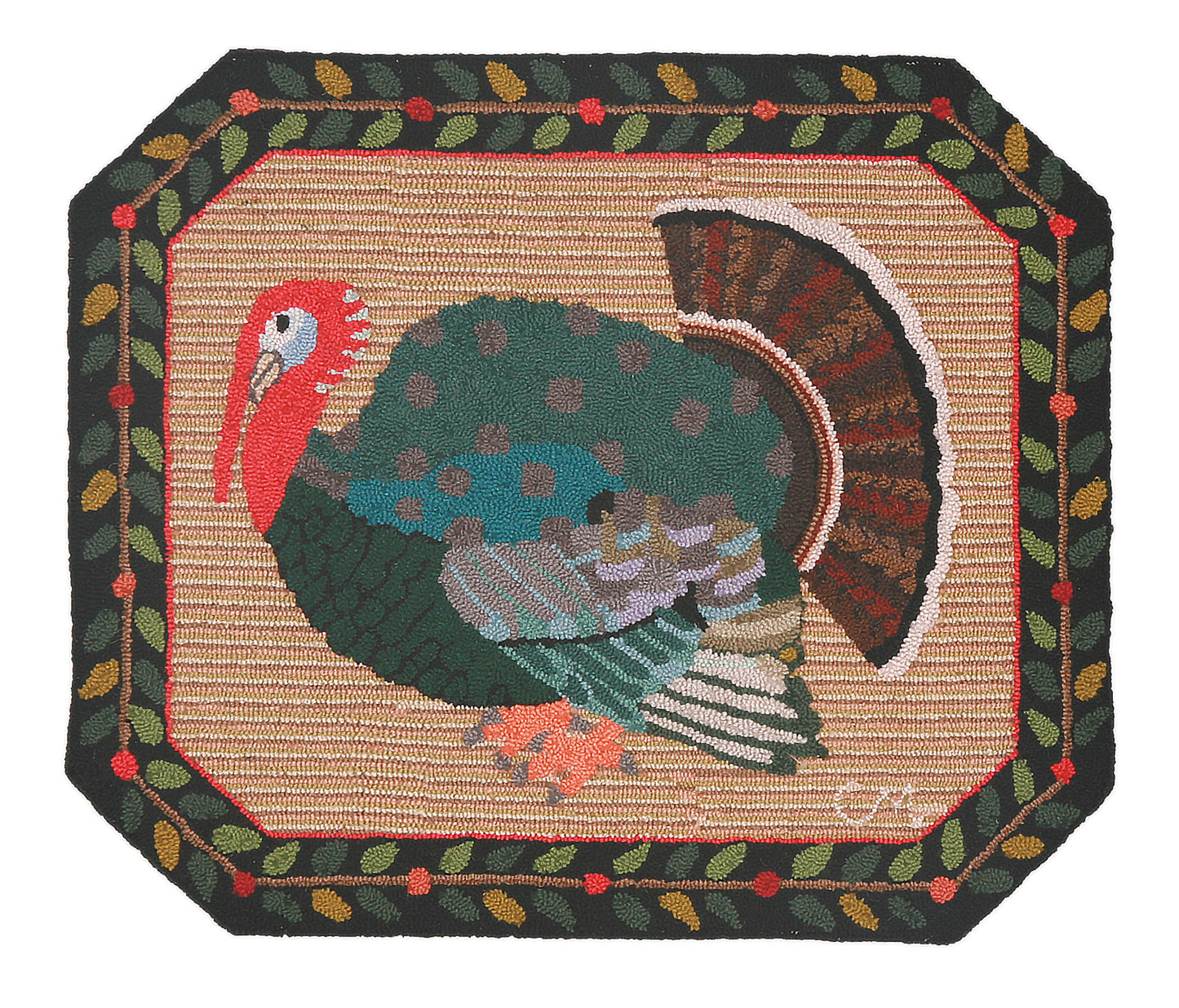 Classic fall design featuring a wild turkey in green, red, blue, and brown tones on a beige woven background, surrounded by a dark border with leaf and berry motifs.