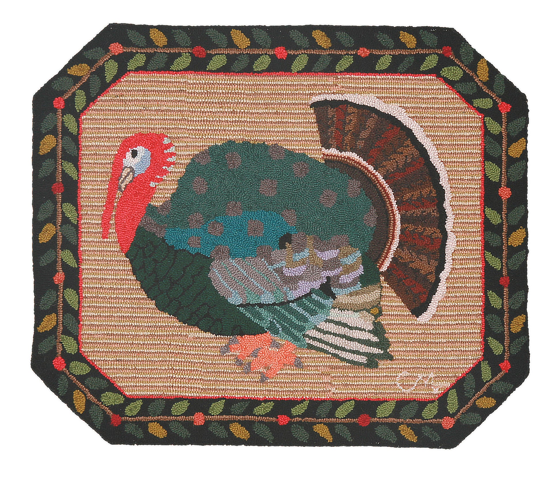 Classic fall design featuring a wild turkey in green, red, blue, and brown tones on a beige woven background, surrounded by a dark border with leaf and berry motifs.