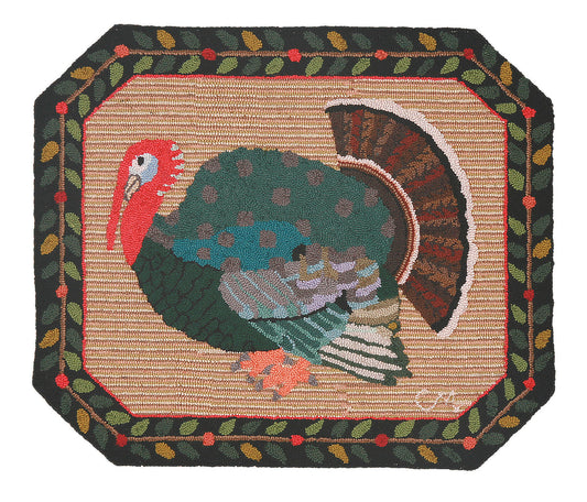 Classic fall design featuring a wild turkey in green, red, blue, and brown tones on a beige woven background, surrounded by a dark border with leaf and berry motifs.