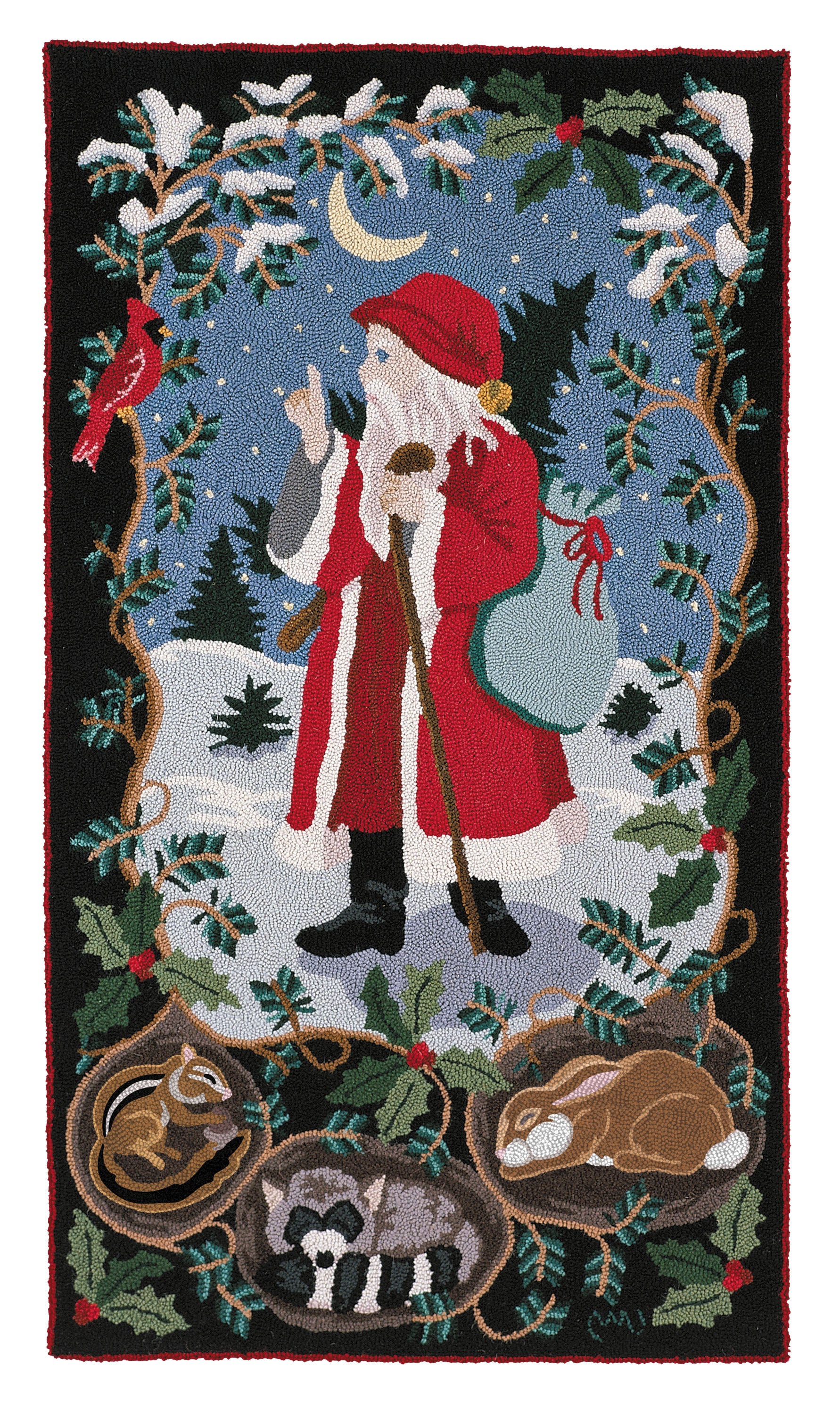 A rectangular hand-hooked rug holiday design featuring Santa Claus standing in a snowy night scene, surrounded by holly, birds, a crescent moon, and sleeping animals at the bottom.