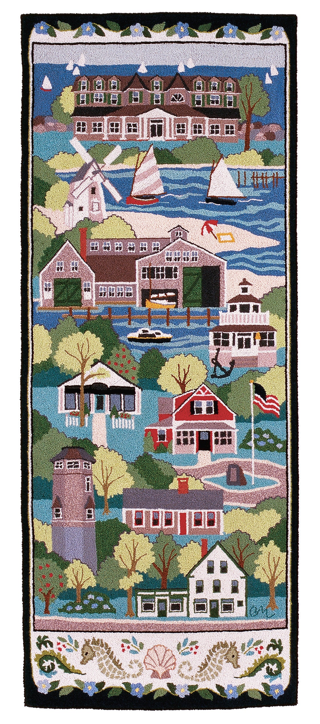 Decorative rug with a coastal scene featuring houses, boats, and trees.
