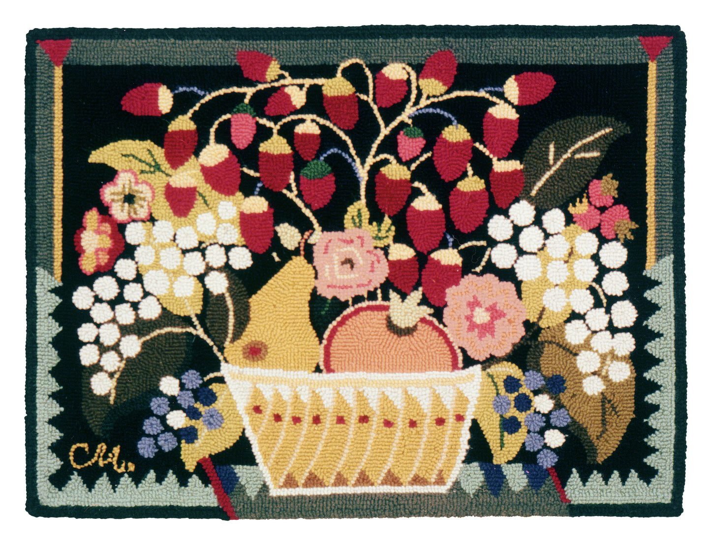 Decorative rug with a basket of fruit and flowers on a dark background