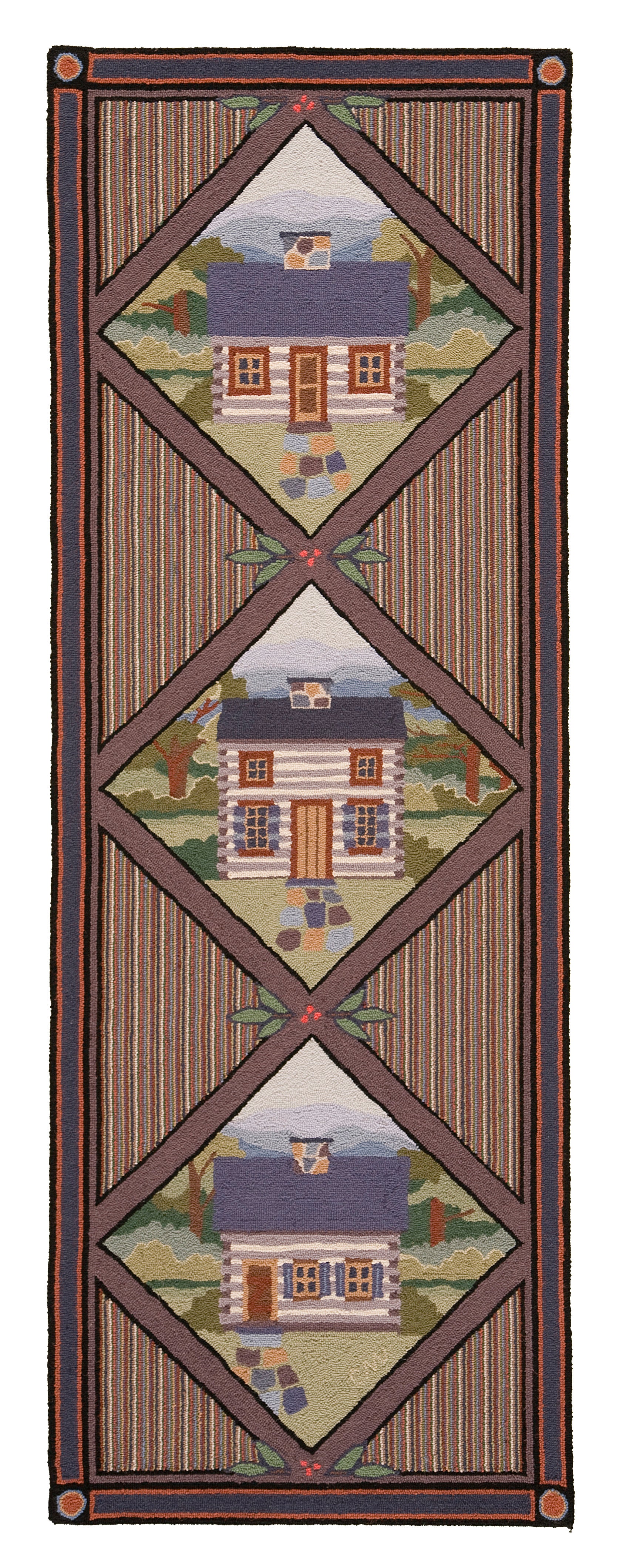 A hand-hooked runner rug featuring three diamond-shaped panels with log cabin motifs, set against a brown and beige striped background with a dark border.