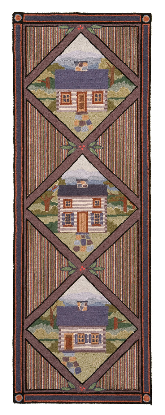 A hand-hooked runner rug featuring three diamond-shaped panels with log cabin motifs, set against a brown and beige striped background with a dark border.