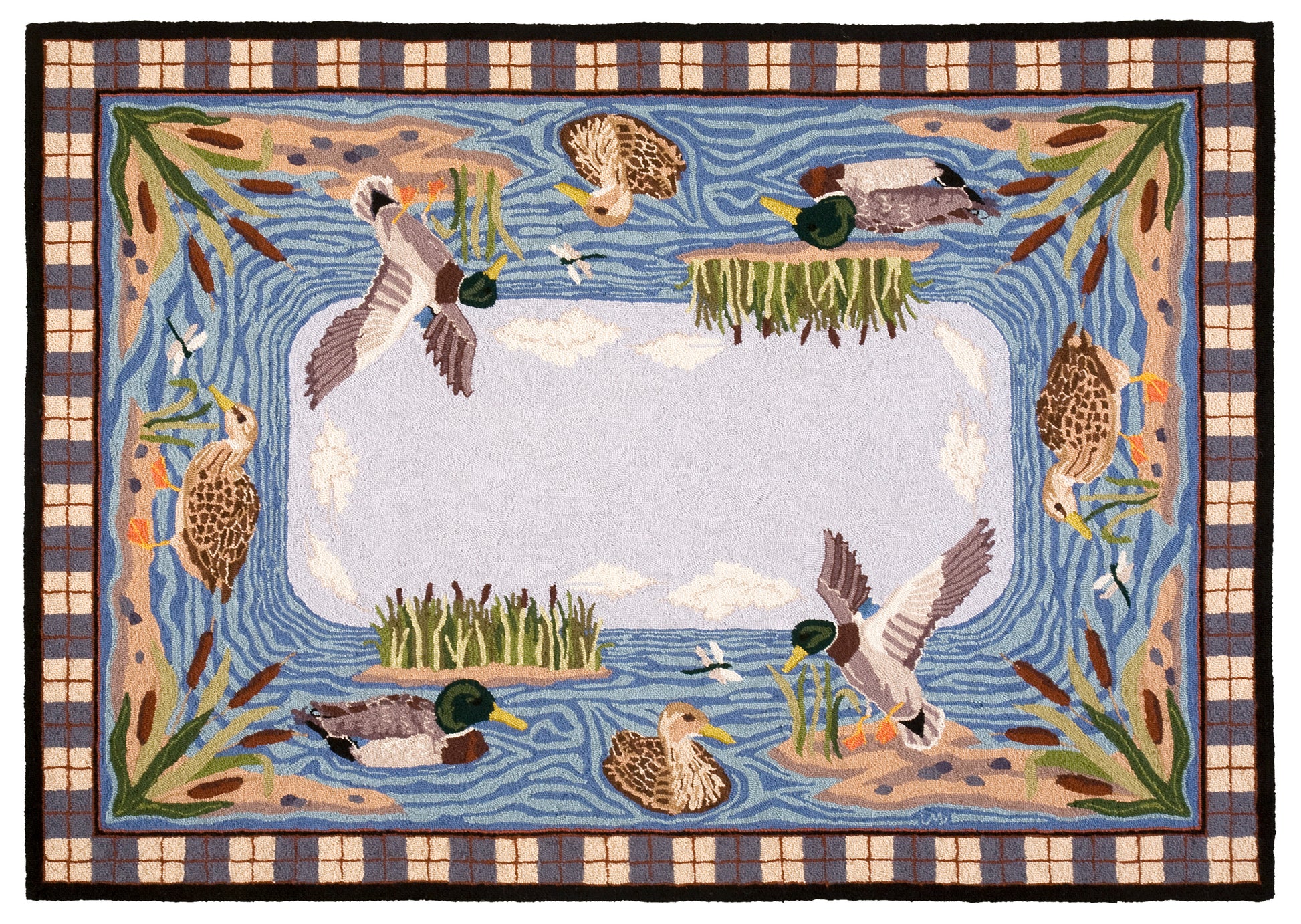 A rectangular hand-hooked area rug featuring a nature pond scene with mallards, ducks, reeds, and a plaid border. The center is is light blue with clouds.