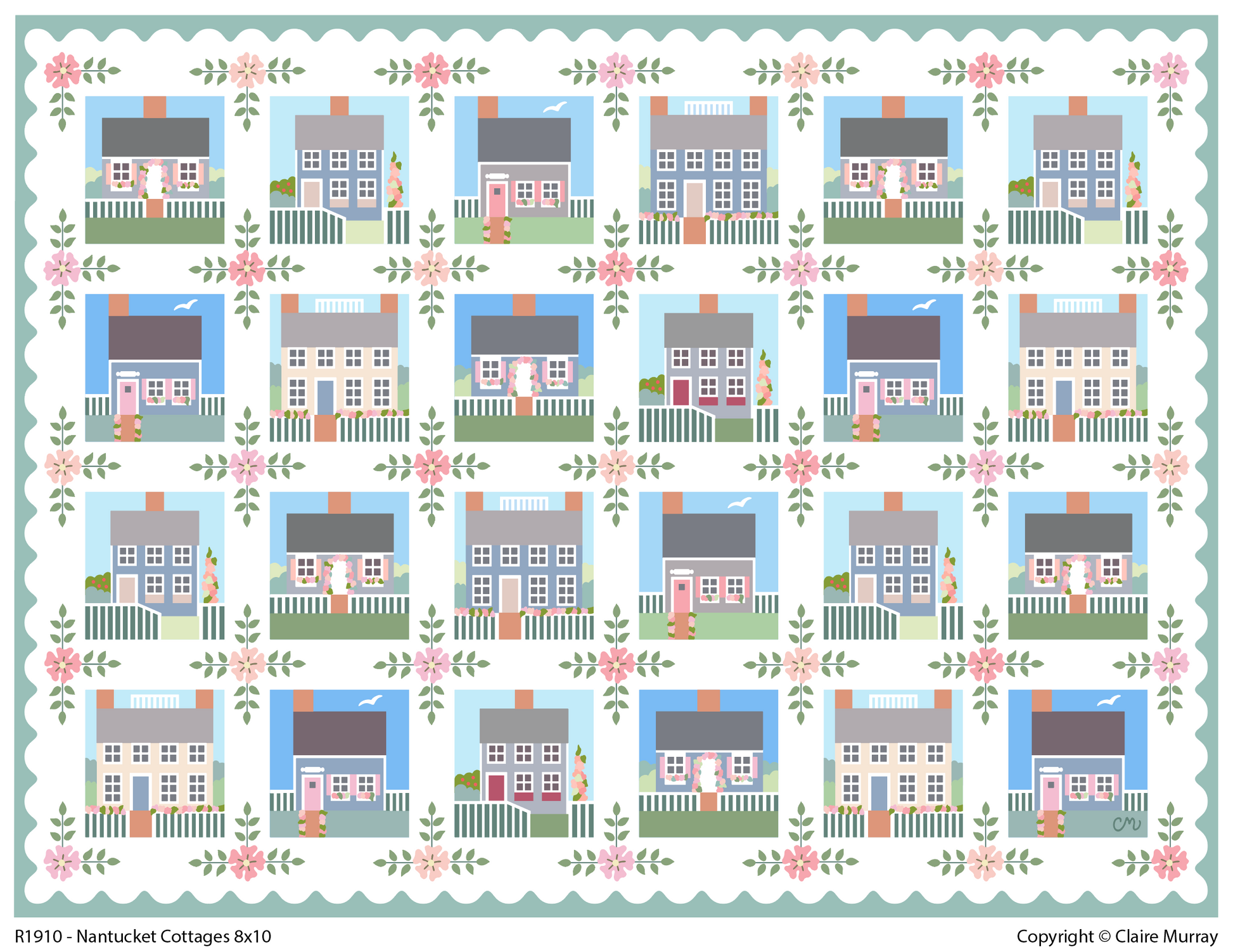 A repeating quilt block pattern featuring illustrated cottages in pastel blue, pink, gray, and green, bordered by floral motifs and a scalloped edge. Nantucket Cottages 8x10' and 'Copyright © Claire Murray'.