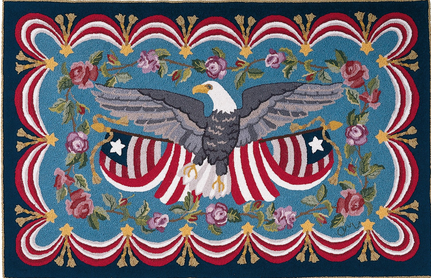 Decorative rug with an eagle and American flags design on a blue background