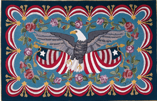 Decorative rug with an eagle and American flags design on a blue background