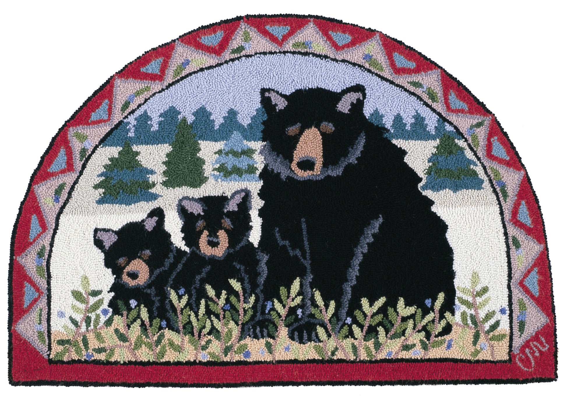 A semi-circular hand-hooked rug featuring a black bear and two cubs in a snowy forest scene, framed by a red, blue, and cream geometric border.