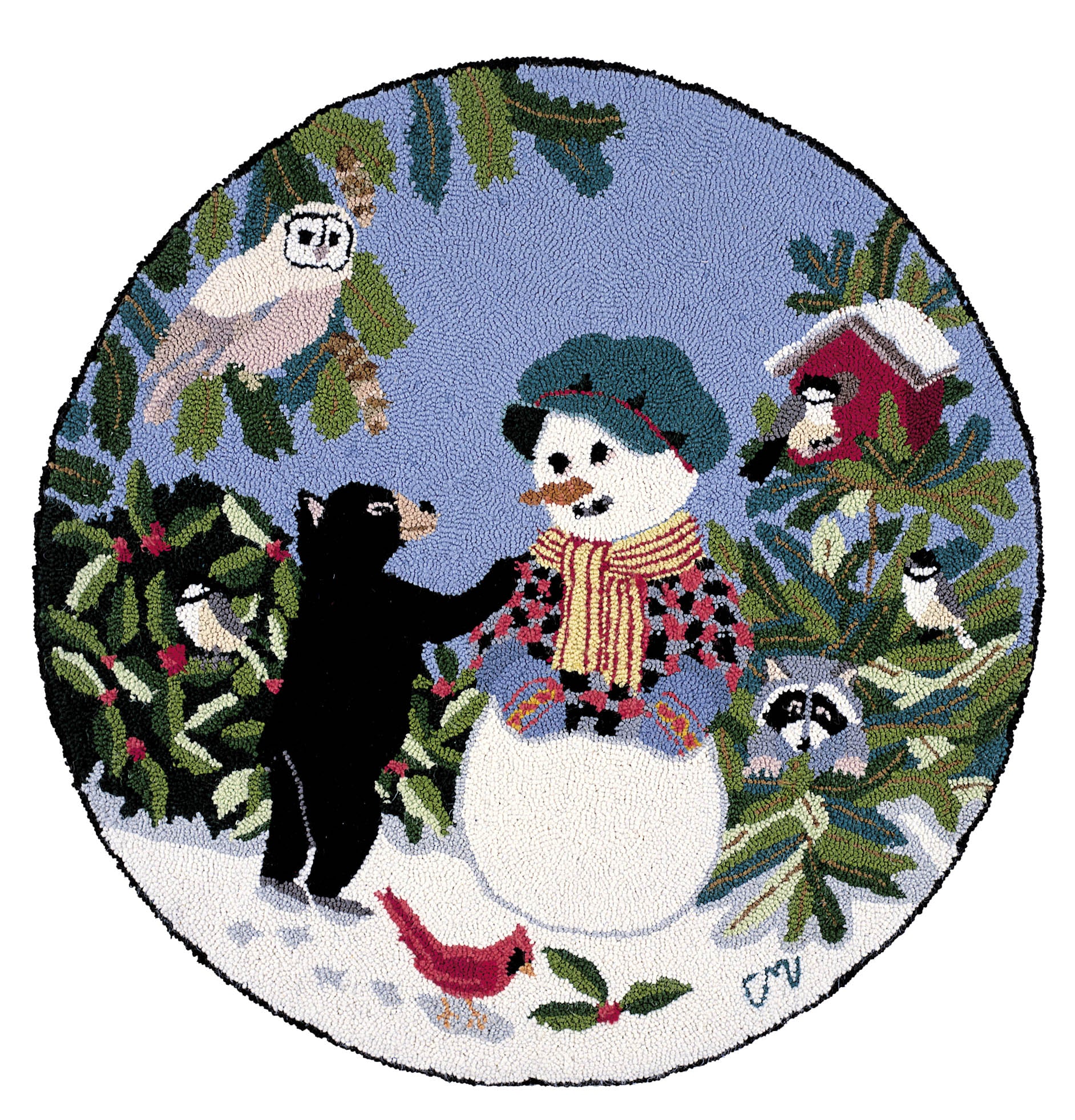 This hand-hooked, circular Winter Friends Snowboy rug from Claire Murray features a whimsical forest scene with a snowman and woodland creatures