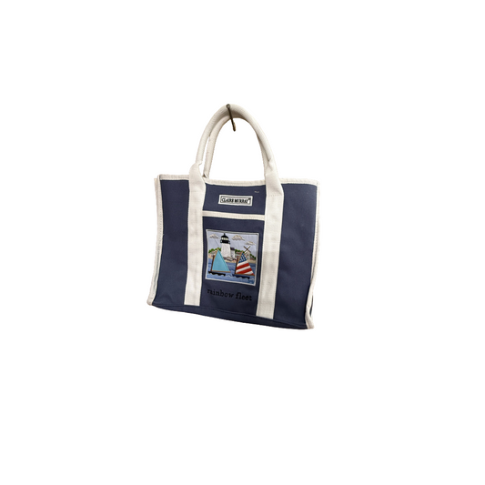 Navy tote bag with a white handle on a white background