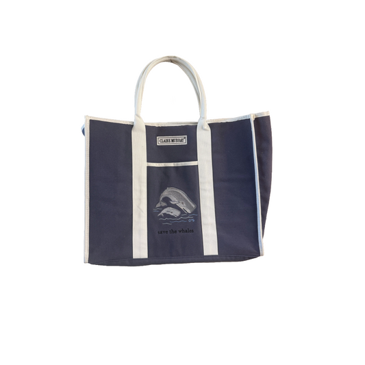 Navy tote bag with white accents on a white background