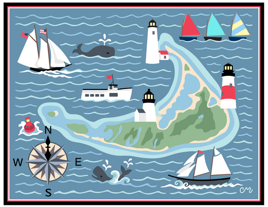 Illustration of a coastal scene with ships, lighthouses, and an island.