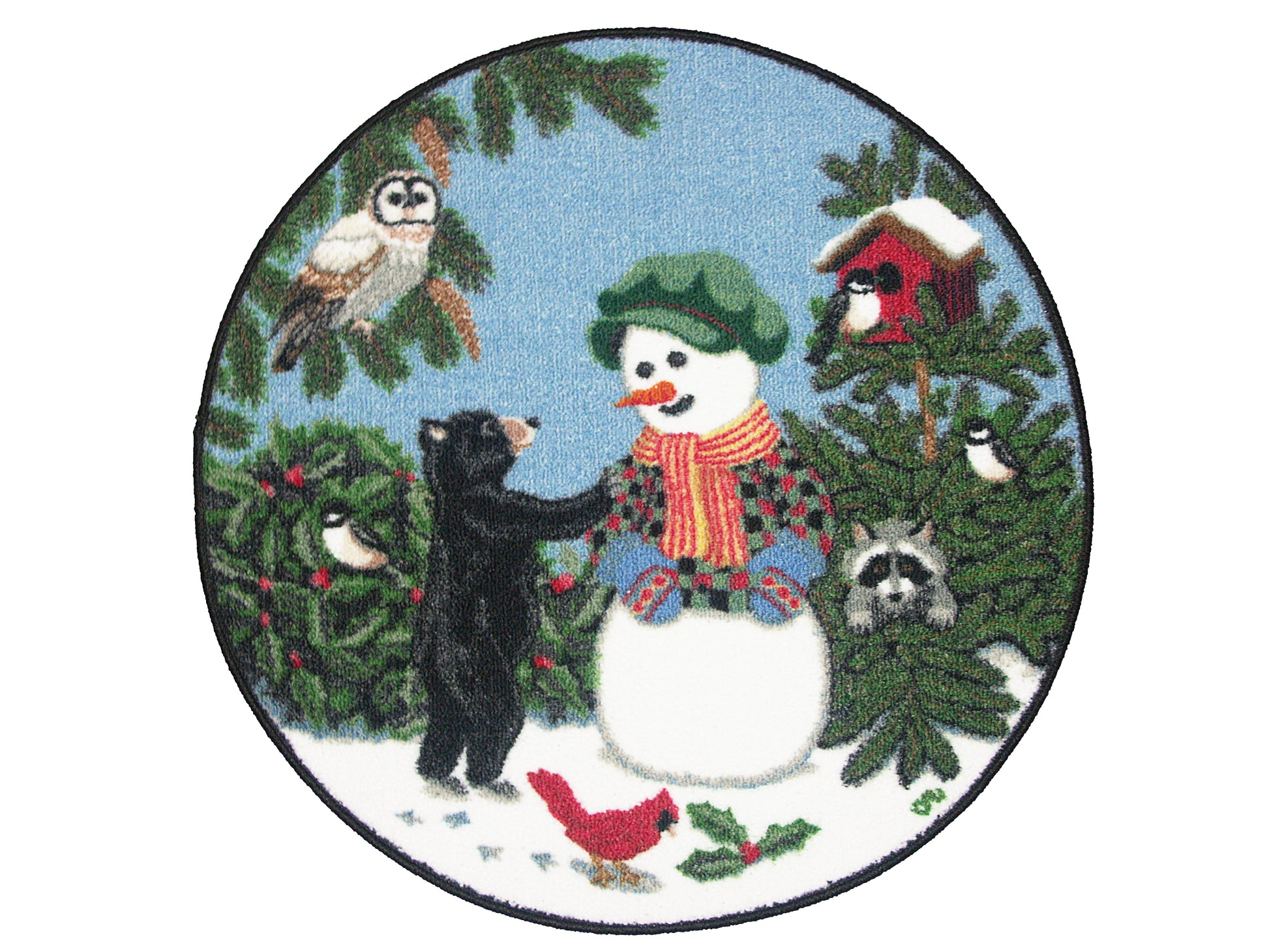 A round washable rug featuring a coastal theme with a snowboy, a bear cub, and various other sea-themed motifs on a blue background.