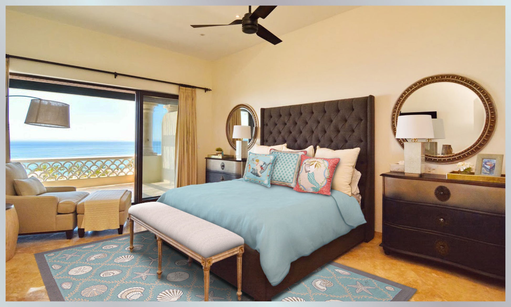 Seashell rug on floor, sirens of the sea pillows and quilt.