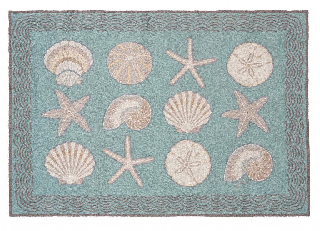 Cape Contemp Shells w/Waves 3x5 Aqua