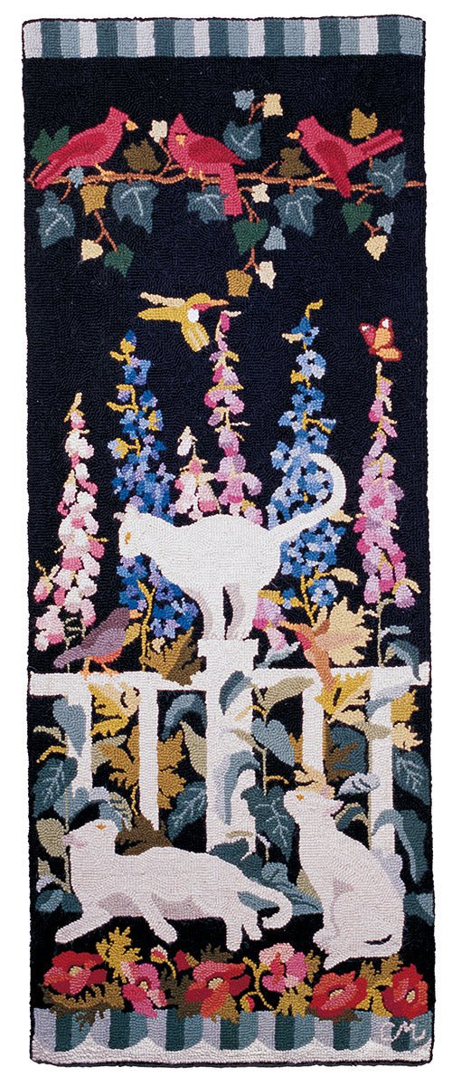 Hand-hooked rug or runner  "Cat Fancy" collection, known for its whimsical depictions of cats in garden settings